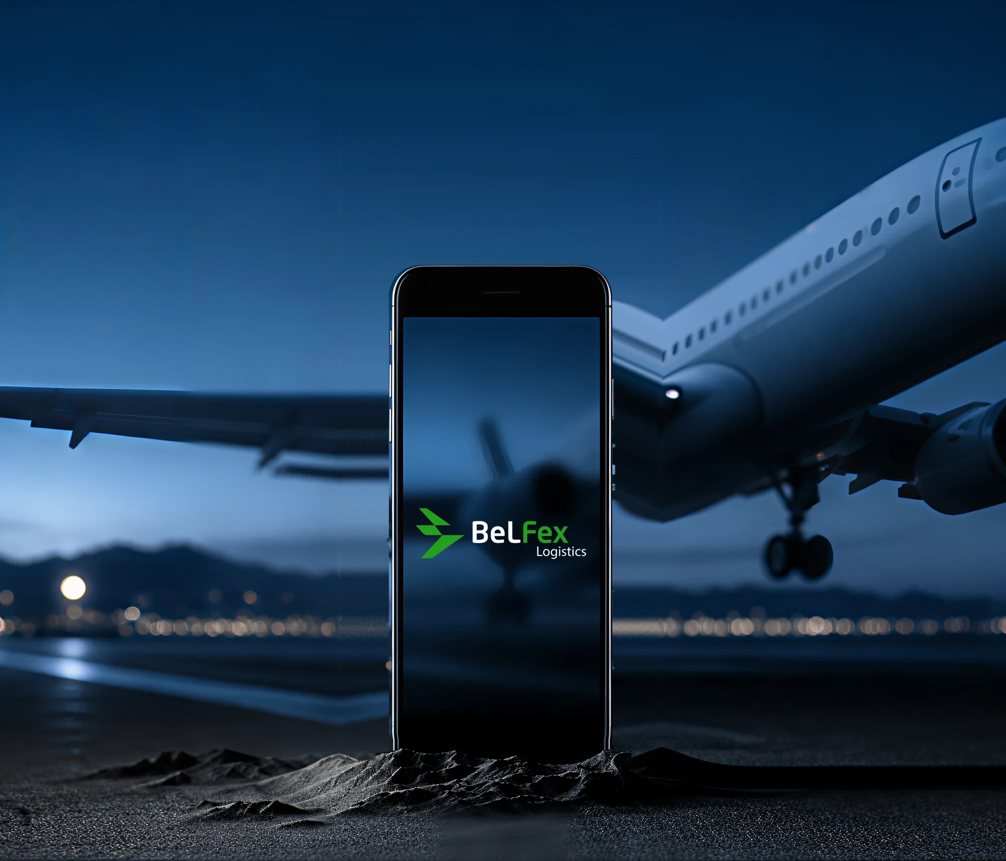 Самолёт и телефон с логотипом BelFex Logistics